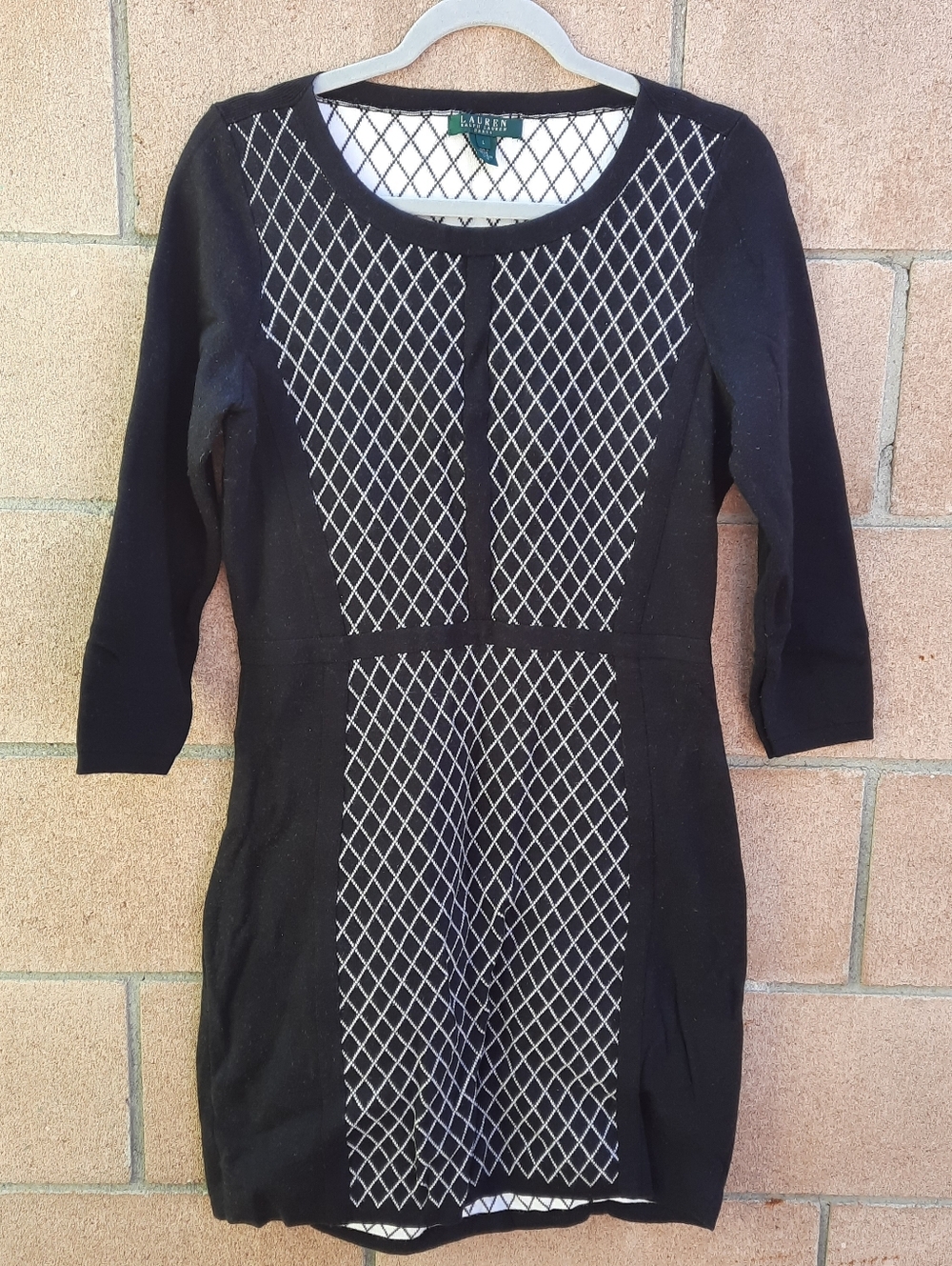 LAUREN Ralph Lauren Women's 3/4 Sleeves Sweater Dress Size L Black White